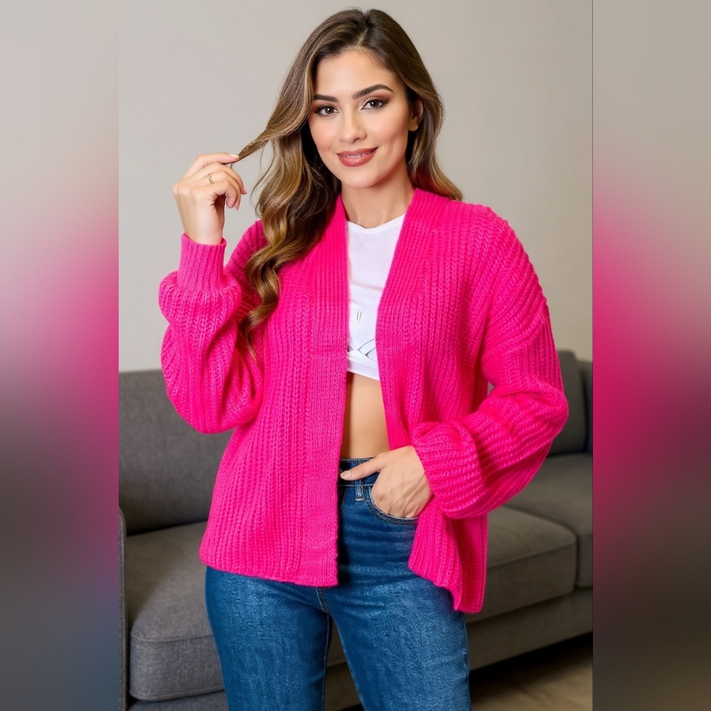 Sale!! Women's Vibrant Pink Rib-Knit Open Front Drop Shoulder Cardigan Sweater